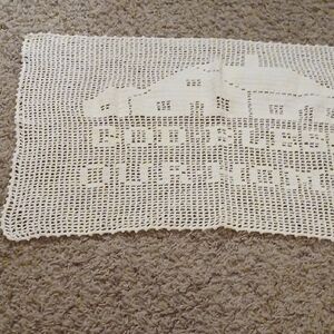 Cream Crochet Doily with House Design